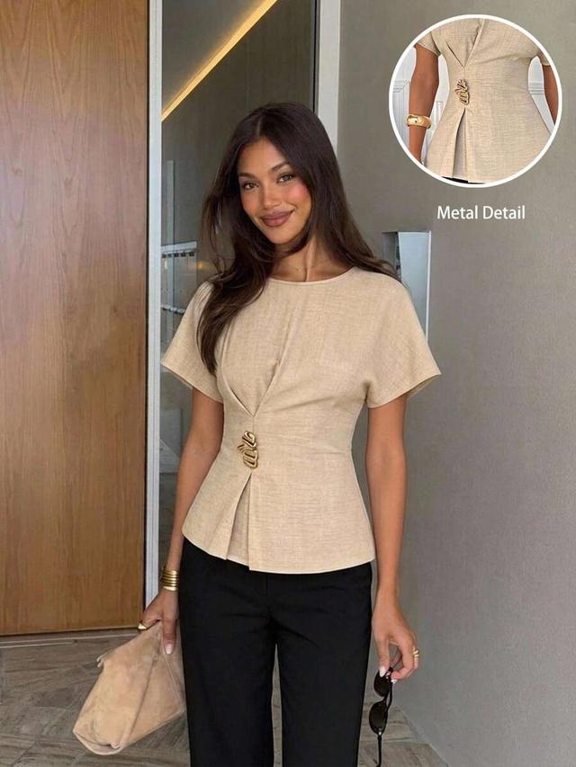 elegant beige linen blend peplum top with buckle