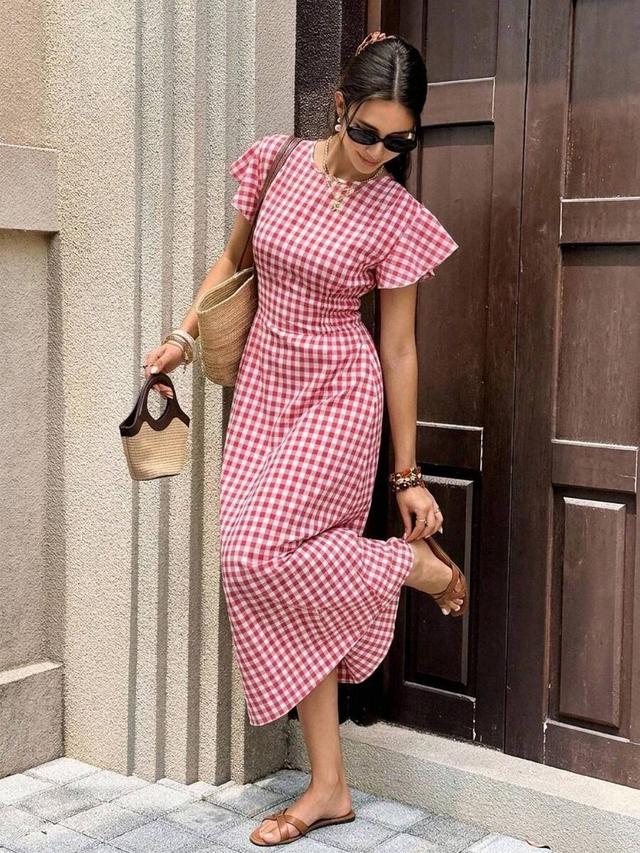 red and white gingham midi dress with flutter sleeves