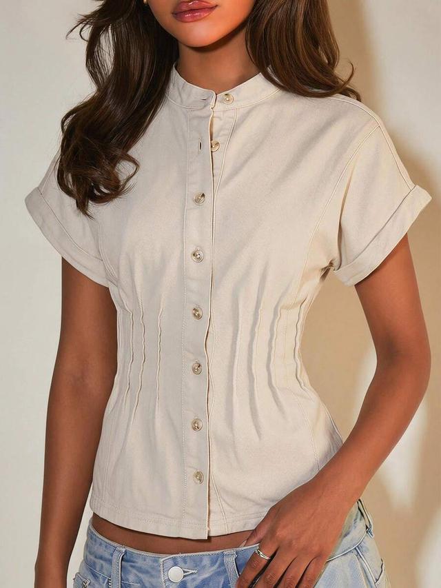 beige denim short sleeve single-breasted waist blouse