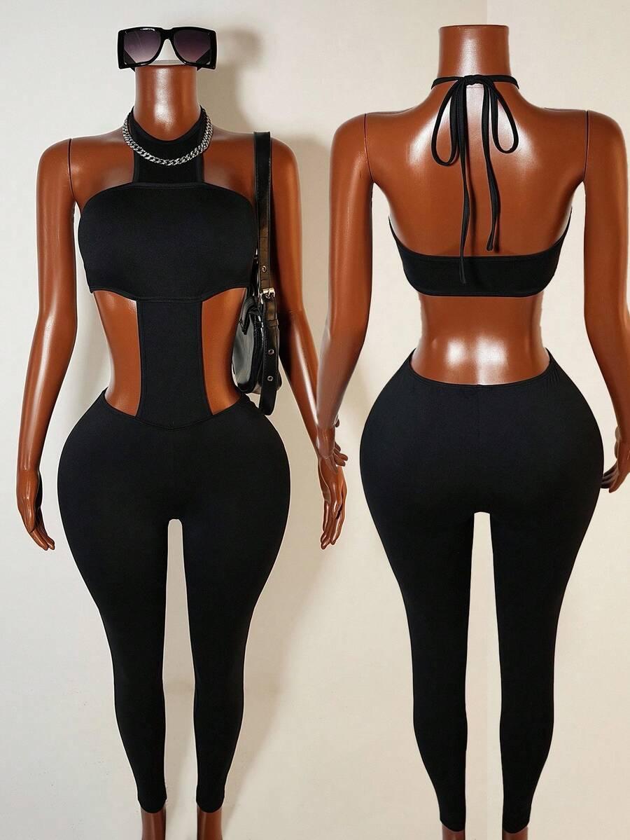 black backless halter neck cut-out unitard