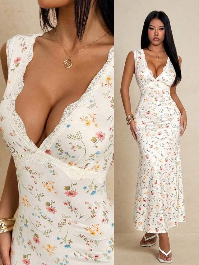 white floral lace patchwork midi dress