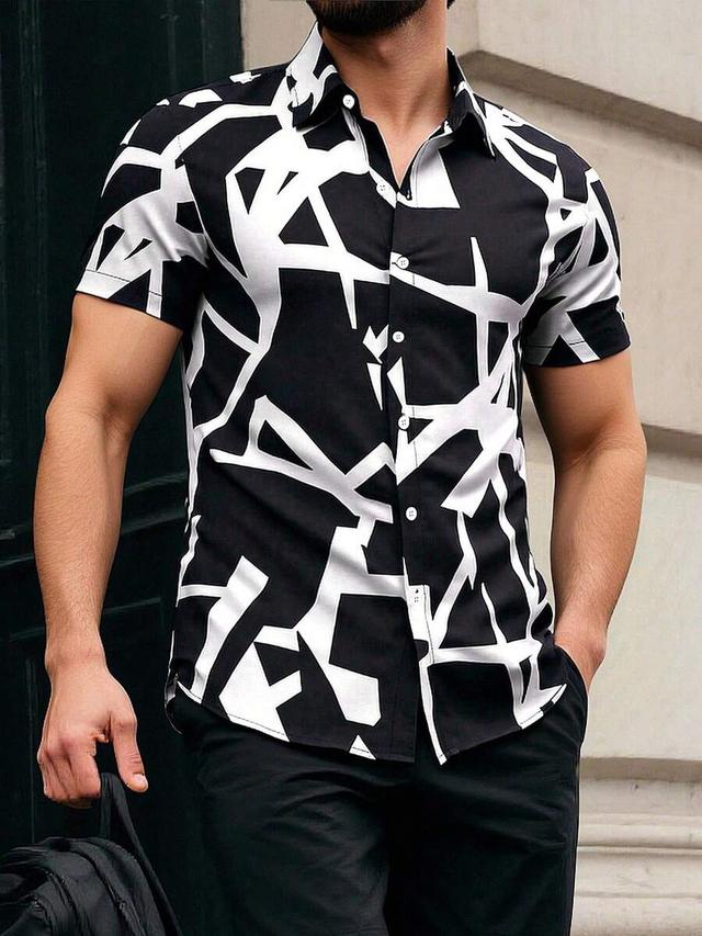 black and white abstract print short sleeve shirt