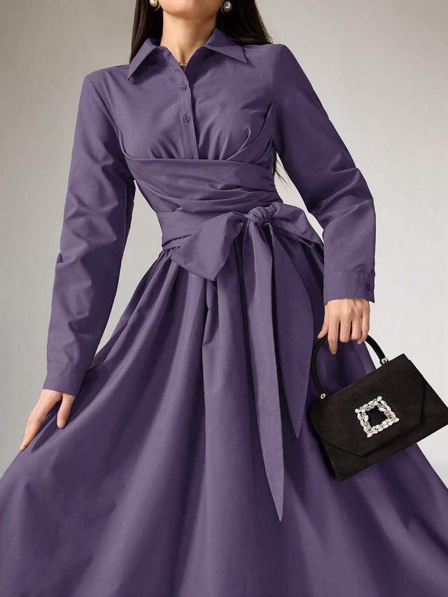 solid purple front button long sleeve modest dress