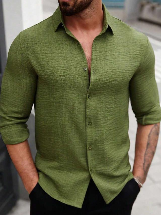 olive green textured long sleeve casual shirt