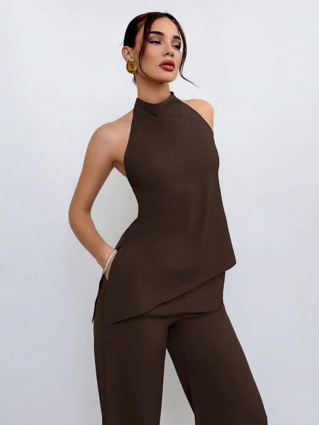 simple coffee color halter neck commuter top