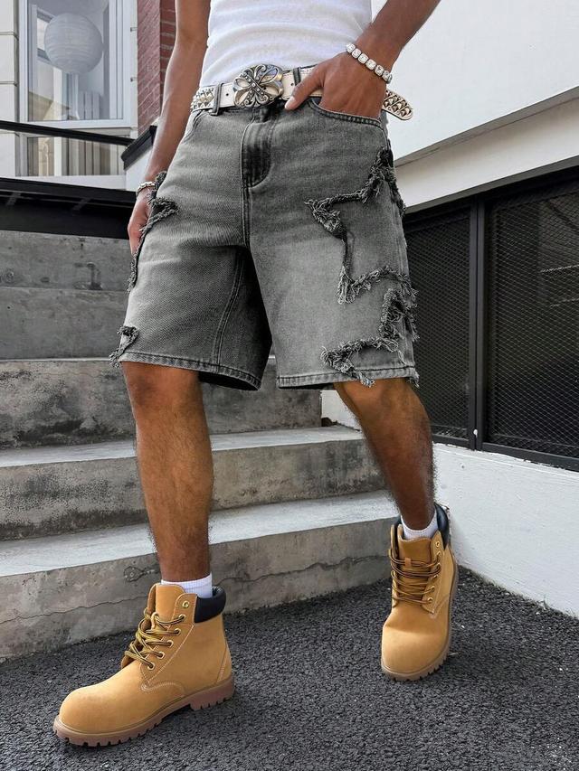 grey star patch frayed hem denim shorts
