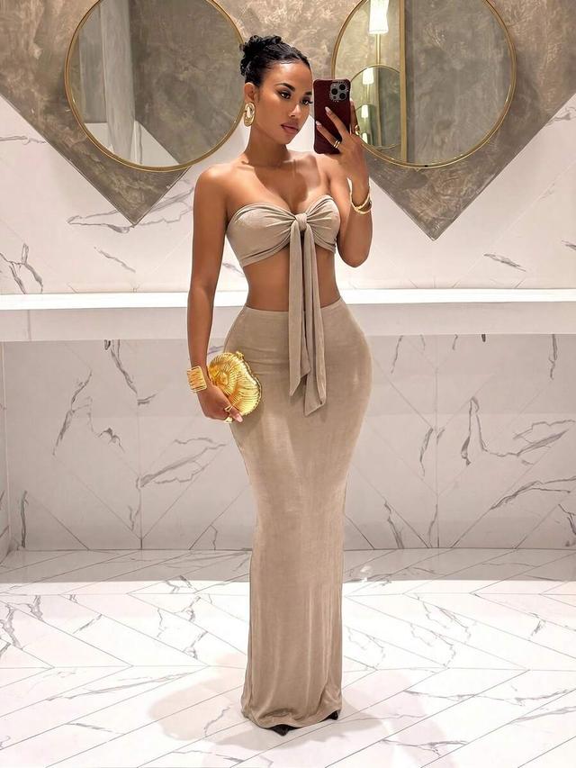 khaki strapless tie-front mesh maxi skirt set