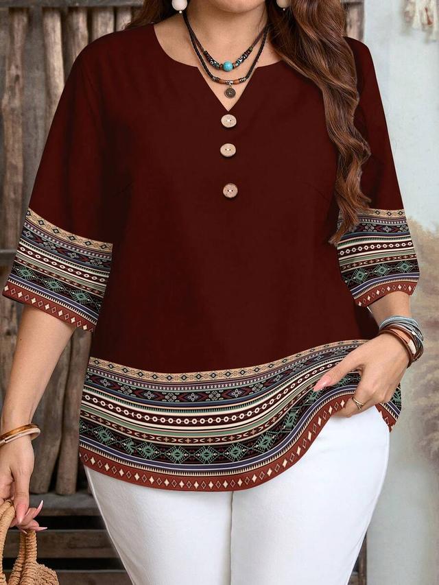 burgundy retro printed short sleeve shirt