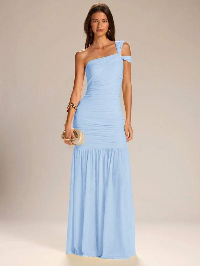 solid light blue asymmetric neck ruched a-line dress