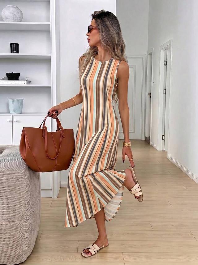 striped print sleeveless round neck casual long dress