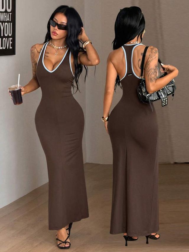 brown racerback maxi dress with white contrast trim