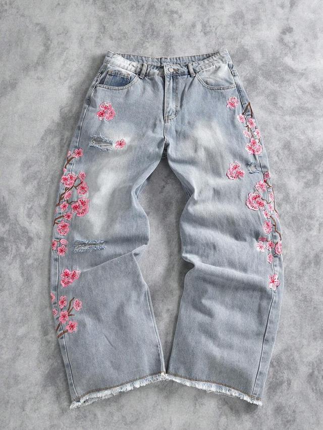 plum blossom embroidered washed wide-leg jeans