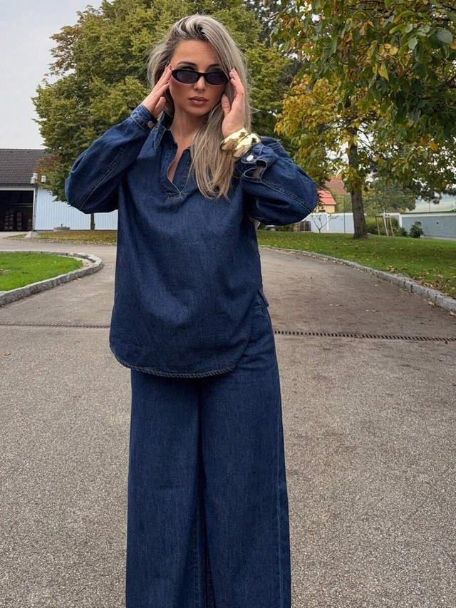 dark wash denim sweatshirt and wide leg pants set