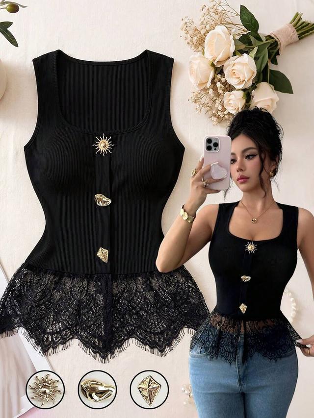 black ribbed square neck top with lace trim