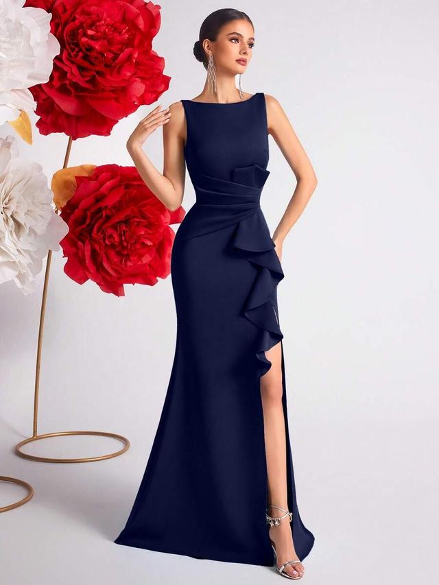 navy blue solid color high waist ruffle slit gown