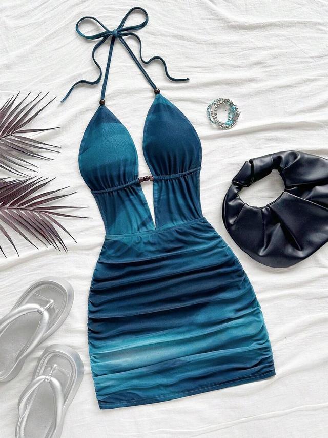 teal gradient ombre ruched halter mini dress