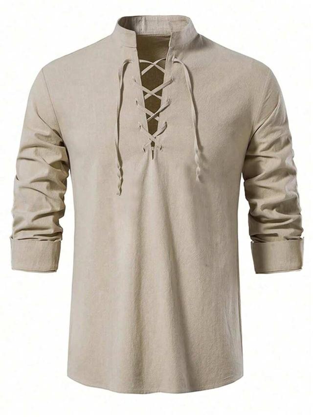 men beige lace up front long sleeve shirt