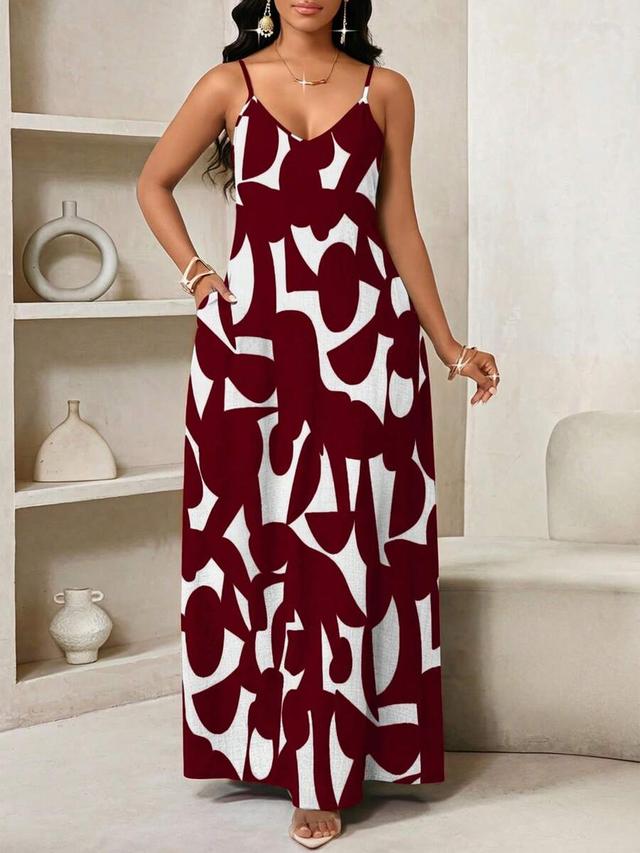 maroon and white abstract print spaghetti strap maxi dress