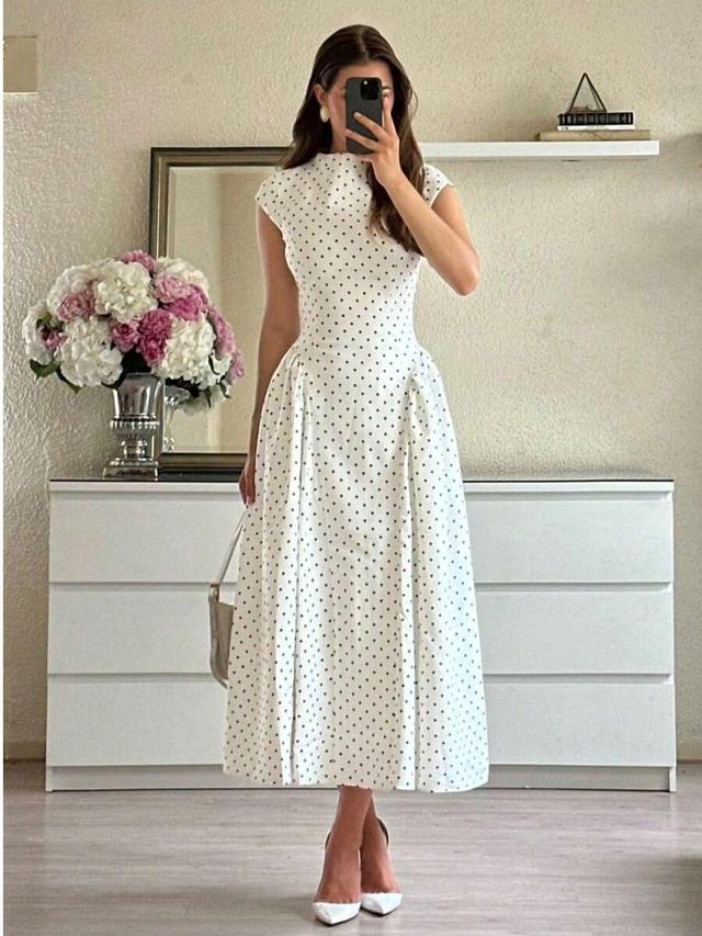 retro polka dot print cap sleeve a-line dress