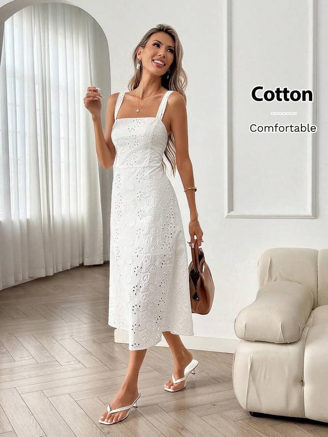 white cotton eyelet embroidered sleeveless a-line midi dress