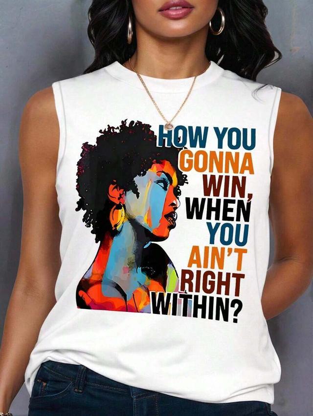 white sleeveless graphic slogan print tank top