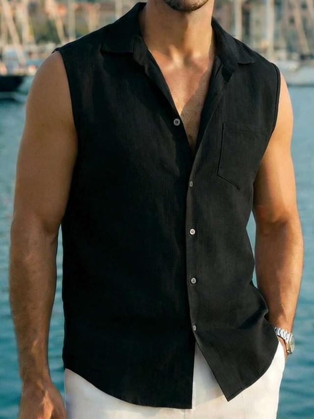 black linen sleeveless lapel button-up vest