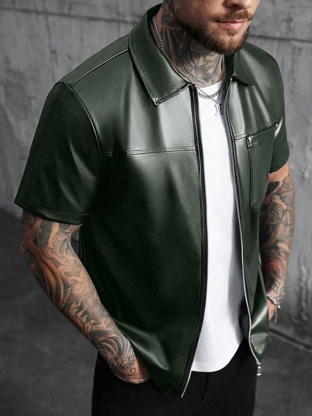 men's dark green pu leather front zip shirt