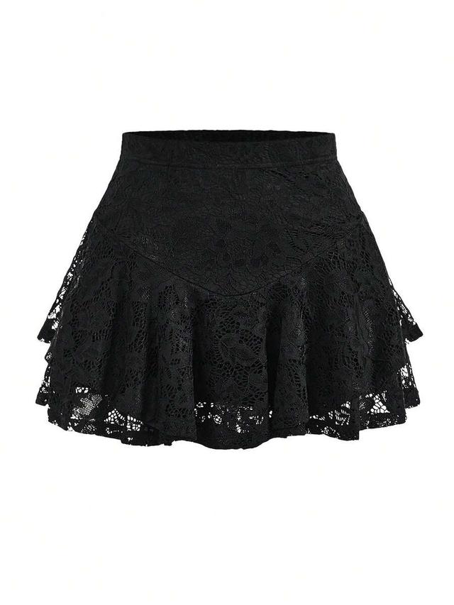 black lace ruffle hem mini skirt
