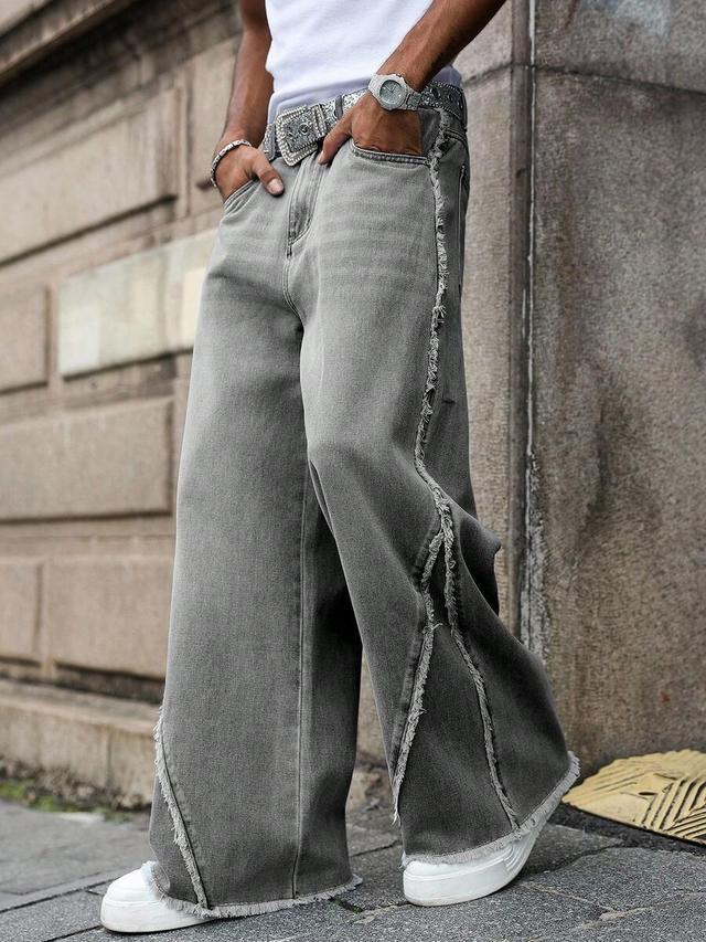 grey frayed patchwork wide leg denim jeans