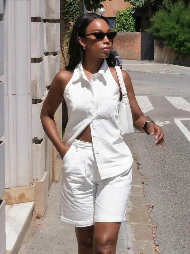 white denim halter button-up shirt and shorts set
