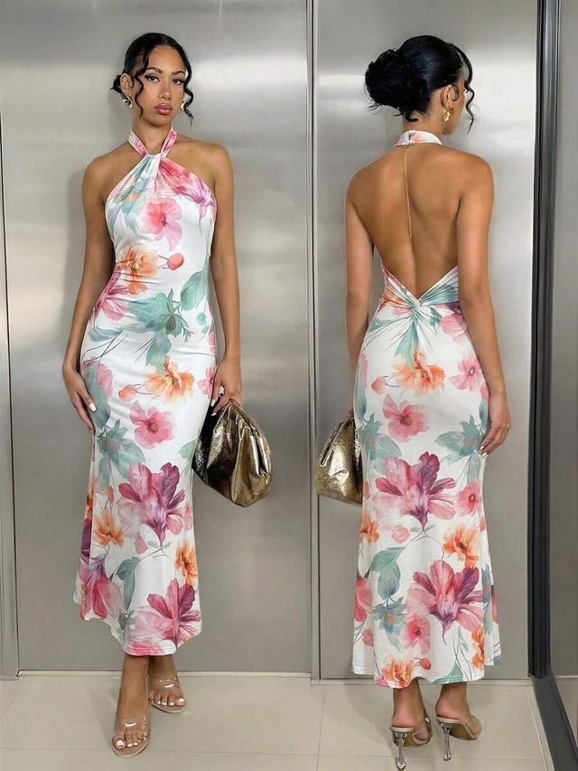 floral print halter neck backless midi dress