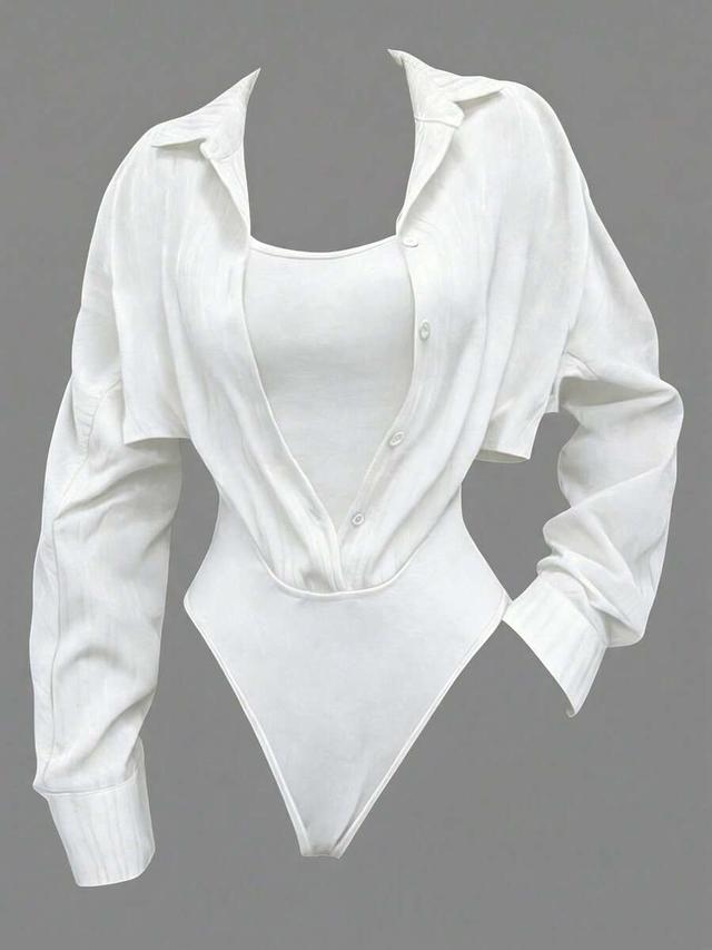 white long sleeve shirt bodysuit with cropped overlay