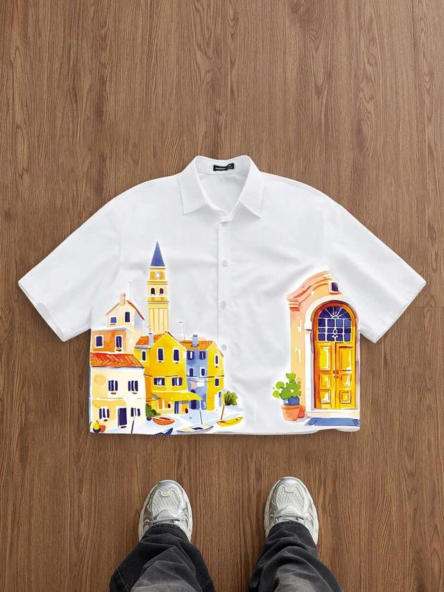 white cotton vacation shirt with building print