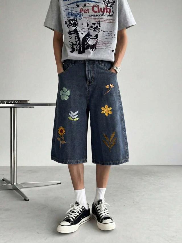 men straight leg denim shorts with floral embroidery