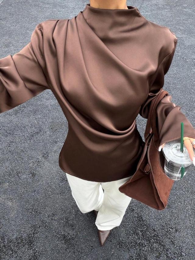 siren gaze chocolate brown satin draped long sleeve blouse