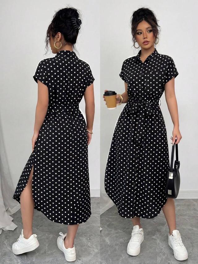 polka dot button front shirt dress with belt