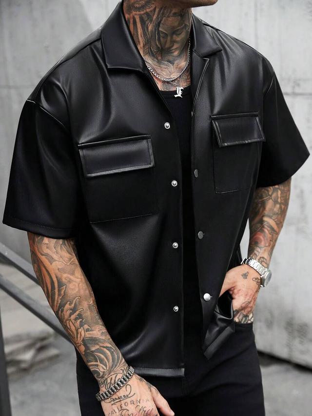 black faux leather short sleeve cargo shirt