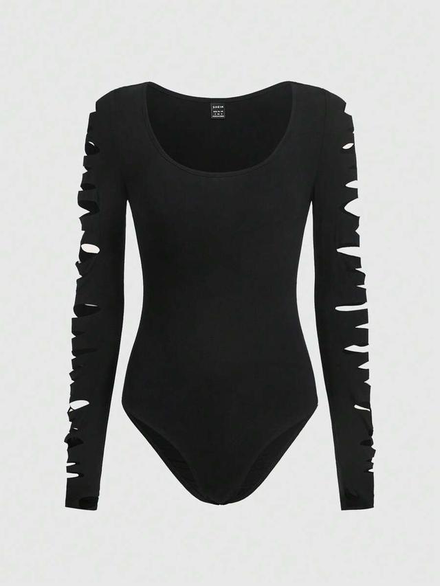 black scoop neck long sleeve cut out bodysuit
