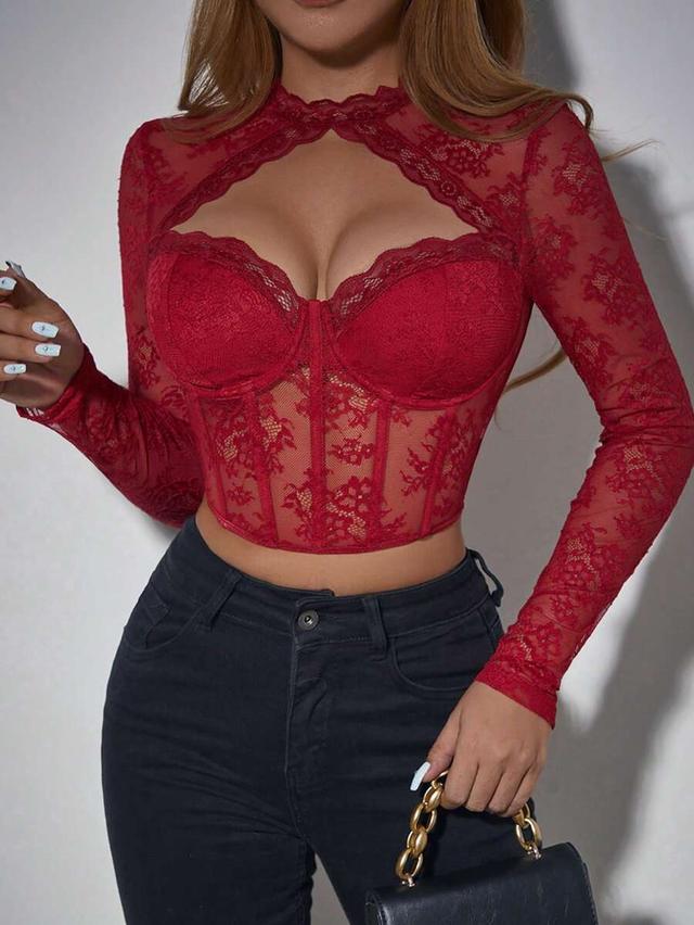 red lace trim long sleeve corset top