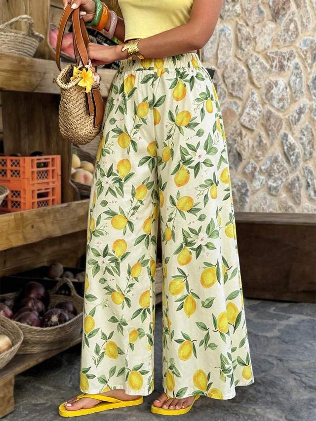 vaclyn allover lemon print wide leg pants