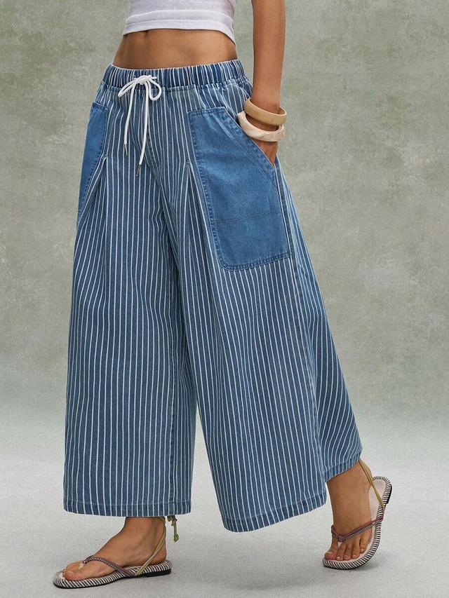 casual blue white striped denim wide-leg trousers