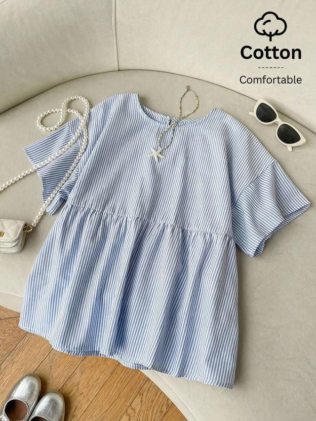 blue and white striped woven cotton peplum blouse
