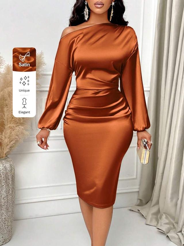 asymmetric neckline ruched side satin bodycon dress