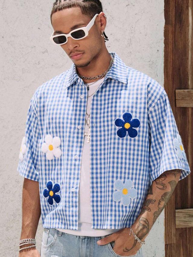light blue flower gingham floral applique short sleeve shirt