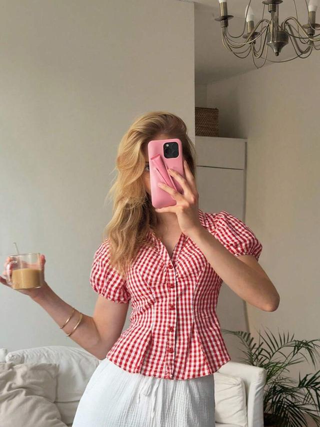 red and white plaid puff sleeve button-down blouse