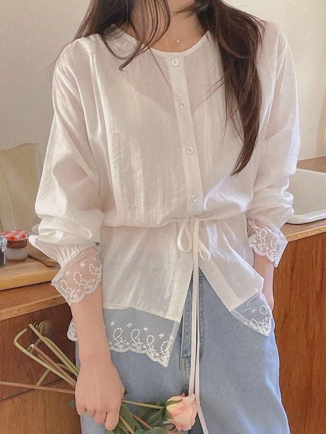 white cotton blouse with lace trim and drawstring waist