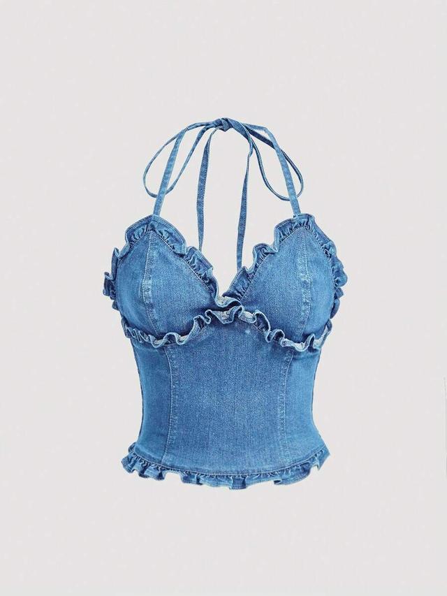 stretchy blue denim halter neck ruffle top