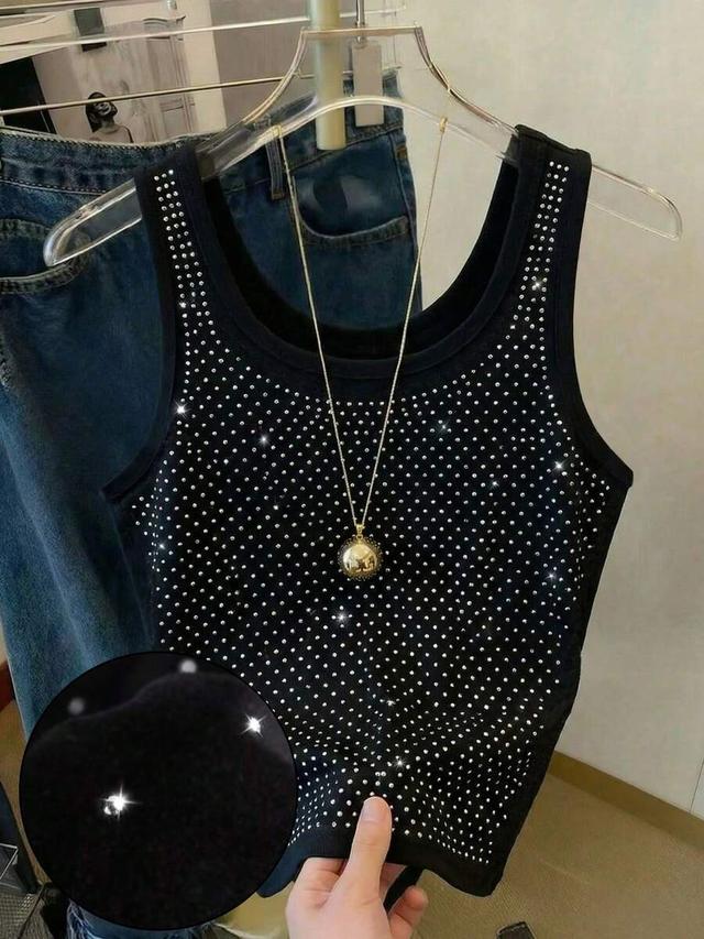 black sparkle rhinestone embellished minimalist cotton tank top