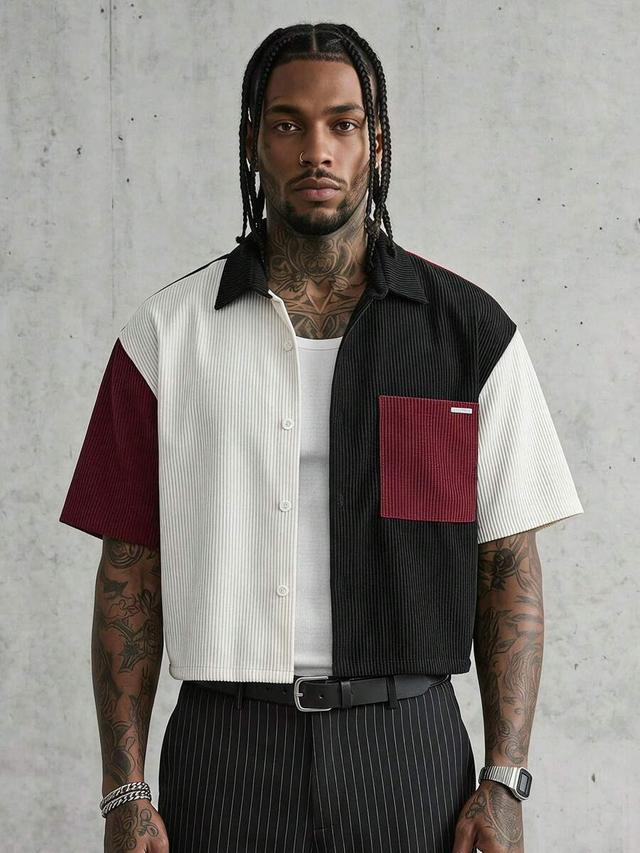 patchwork corduroy short sleeve button-up shirt