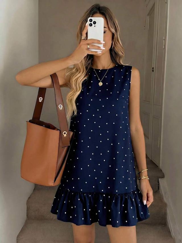 navy blue polka dot sleeveless mini dress